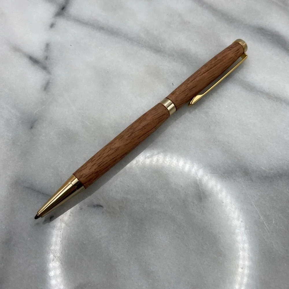 Elegant Slimline Handmade Wooden Ball Point Twist Blue Pen W/ Gold Plated Trim